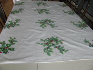 Vintage Wilendur Christmas Tablecloth With Holly And Berries 53 " By 63 "