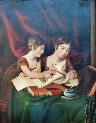 Dutch British Old Master,  Portrait Of Two Girls,  18thc Antique Oil Painting