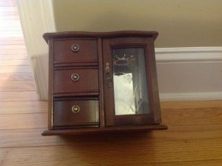 Vintage Wood Jewelry Box Dresser Top 3 Drawer & Cabinet
