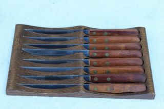 Vtg Robinson Set Of 8 Steak Knives Stainless Steel Serrated Blades Usa,  Caddy