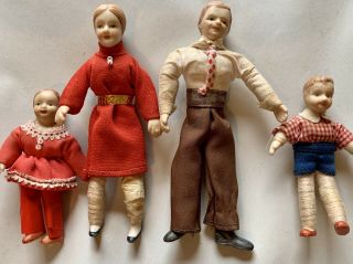 Vintage Dollhouse Family Of 4 Bendable Dolls Porcelain Heads,  Hands & Feet