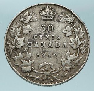 1917 Canada Uk King George V Antique Crown Silver 50 Cents Coin I83894