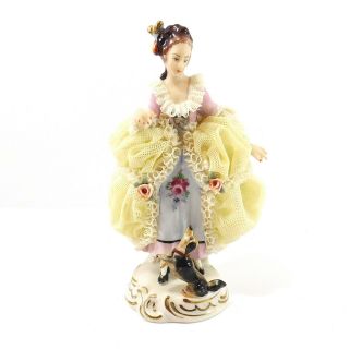 Dresden Lace Lady Woman With Dog Figurine By R.  E.  Pech Germany Yellow