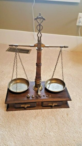 Antique Weight Balance Scale Brass With Wood Base Made In Italy