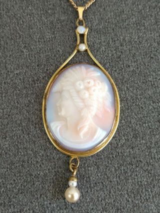 Antique Pink Milk Glass Cameo Gold Filled Lavalier Pendant Necklace Pearl Opal