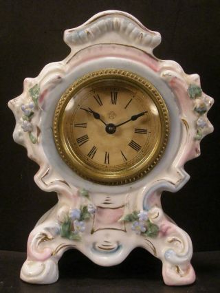 Antique 19 C Beveled Glass Shelf Ansonia Porcelain Transfer Case Mantle Clock 8