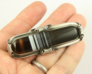 Large Antique Victorian C1890 Sterling Silver Scottish Agate Cabochon Brooch Pin
