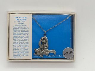 Vintage - Estate Jewelry - Fox And The Hound Pewter Necklace In The Box - D44