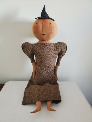 Primitive Folk Art Pumpkin Witch Doll Handmade / Signed By T.  Bachleda 2005