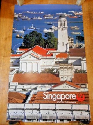 C 1970s Jal Japan Airlines Singapore Travel Poster Raffles Hotel Harbor