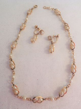 Vintage 12k Gold Filled Tru - Kay Faux Pearl Necklace And Matching Earrings