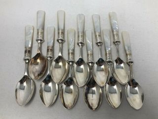 Antique Mother Of Pearl Handle Silver Plate Set Of 11 Demitasse Spoons
