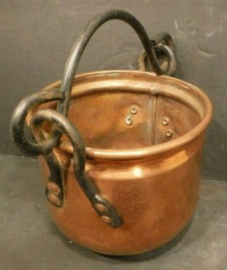 Vintage Copper Cauldron Pot Kettle With Steel Handle And Bracket Open Top