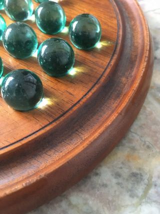 Antique Hand Turned 19th Century Mahogany Solitaire Board Matching Green Marbles