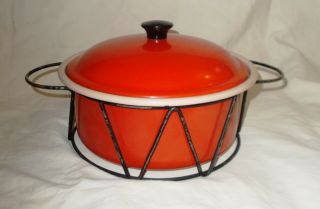 Vintage Burnt Orange Graniteware Covered Casserole Dish W Serving Basket