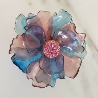 Vintage Lucite Dimensional Large Layered Flower Brooch Smoky Pink & Blue Pin