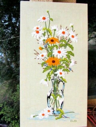 Vintage Flower Bouquet Vase Large Crewel Embroidery Panel Finished Completed 34 "