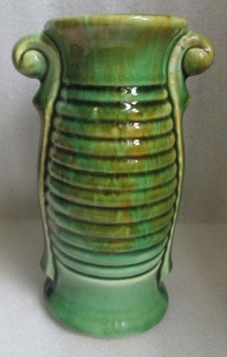 Vintage Art Deco American Bisque Ceramic Pottery Vase Ribbed Green Drip Glaze
