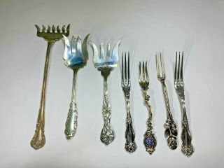 Seven Antique Assorted Sterling Silver Pick,  Sardine Forks