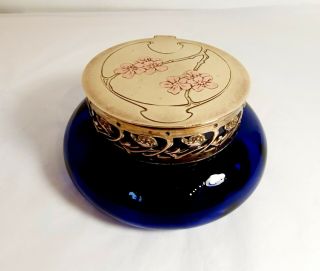 Art Nouveau Brass & Copper Large Glass Inkwell / Jar Loetz Style