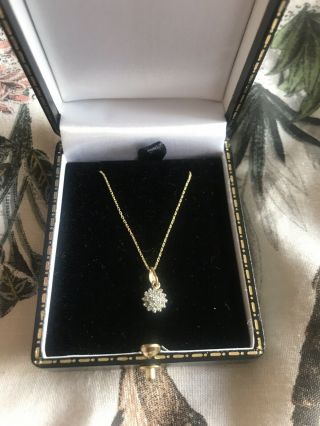9ct 9k Gold Diamond Cluster Pendant Necklace Chain Antique