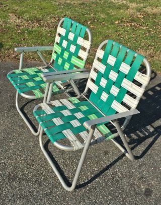 Pair Vintage Aluminum Folding Lawn/Patio Chairs,  metal arms,  need webbing 2
