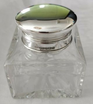 Sterling Silver Topped Cut Glass Inkwell Boxed.  Hallmark Birmingham 2003 Sstc