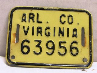 Vintage Arlington County,  Va Bicycle License Plate Tin Embossed Black On Tan