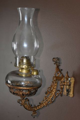 Antique Queen Anne No 2.  Oil Lamp With B&h Antique Wall Bracket (circa 1880)