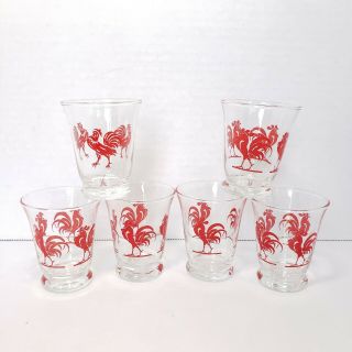 Vintage Libbey Red Rooster Juices Glasses Set Of 6 Mid Century Modern Kitsch
