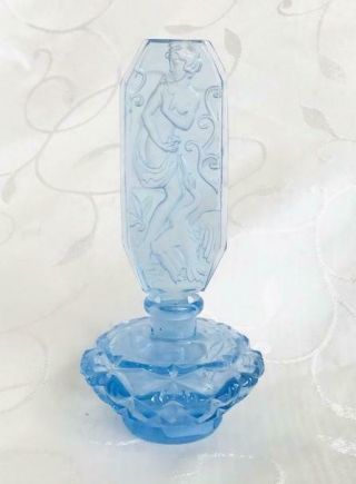 Art Deco Blue Cut Glass Perfume Scent Bottle Leda & The Swan Intaglio Stopper