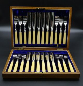 24 Boxed J A Scholes Faux Bone Silver Collared Chased Fish Knives And Forks