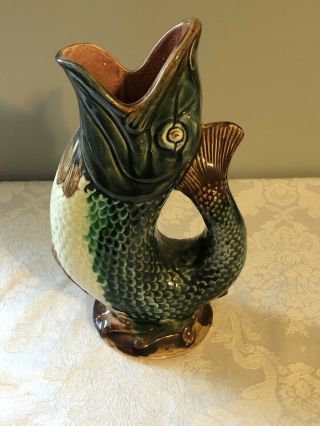 Antique Leaping Fish Pitcher Vase Jug Majolica Figurative Art Pottery Ceramic