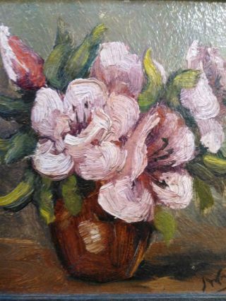 Old Antique Pink Flowers Vase Floral Still Life Oil Painting Art Framed Signed