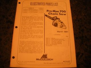Mcculloch Pro Mac 700,  Chainsaw,  Illustrated Parts List,  Vintage Chainsaw