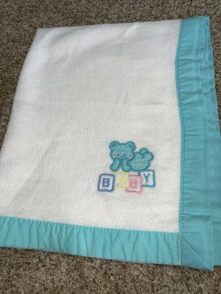 Cuddle Time Vintage Baby Blanket Bear Holding Blue Balloon White With Teal Trim