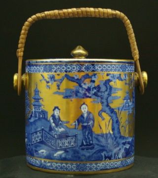 C1910 Old Foley Antique Biscuit Barrel " Chinoiserie " Blue & White Fenton Gilded.