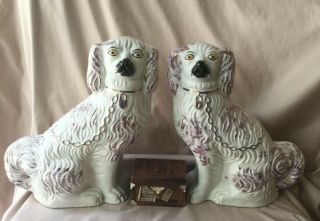 Pair Antique Staffordshire Pottery Spaniel Dog Mantle Figures 10 " Signed