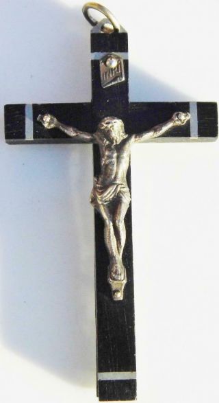 Fine Antique Pectoral Crucifix Silver Inlay Ebony Cross Jesus Christ Corpus 3 "