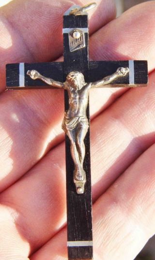 Fine Antique Pectoral Crucifix Silver Inlay Ebony Cross Jesus Christ Corpus 3 