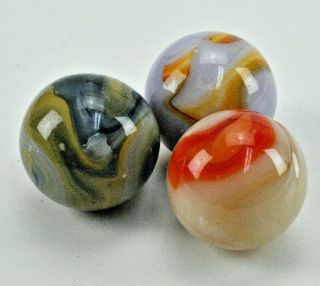 3 Vintage Marbles Blue Red Brown Flames Swirls Old Machine Made Bx1