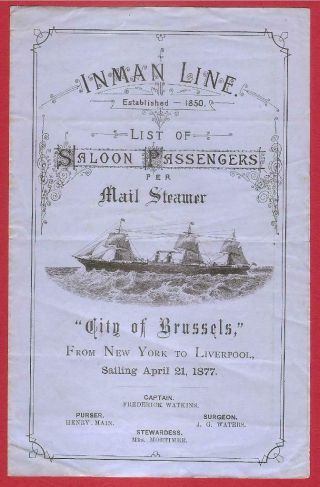 Inman Line Saloon Passenger List " City Of Brussels " April 21st 1877 Steamship.
