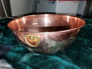 Old Vintage Solid Copper 10 - 1/2 " Mixing Bowl W Brass Ring Handle Round Bottom