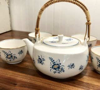 Vintage Noritake Tea Set Made In Japan Bamboo Handle Teapot 4 Cups Blue Gold