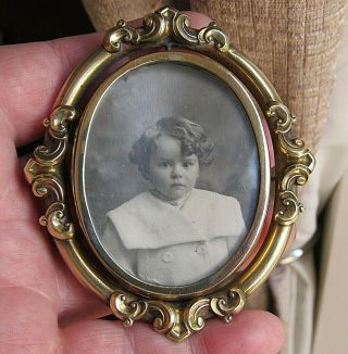 Large Antique Victorian Swivel Photo Keepsake Pinchbeck Mourning Brooch Pin