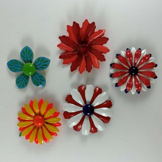 5 Vintage Enamel Metal Flower Pin Brooch Colorful