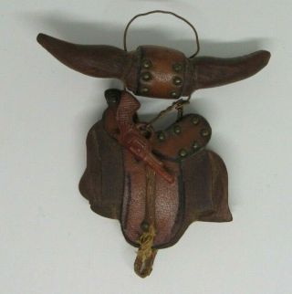 Vintage Large Hand Carved Wood Horse Saddle Horns Gun Brooch Pin