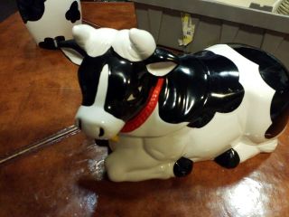 Vintage Amc Ny Ny Earthenware Black White Spotted Cow Cookie Jar 12” Long