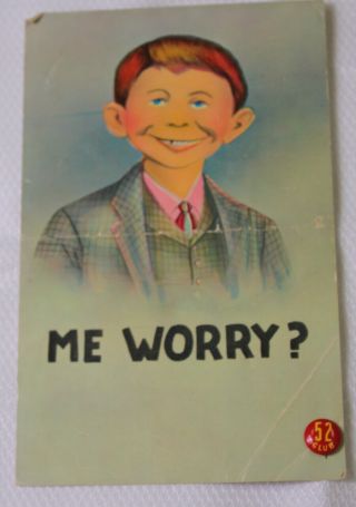 Vintage Alfred E Newman 1958 Me Worry? Postcard Post Marked & 52 Club Pin