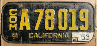 1951 California License Plate W 53 Tab